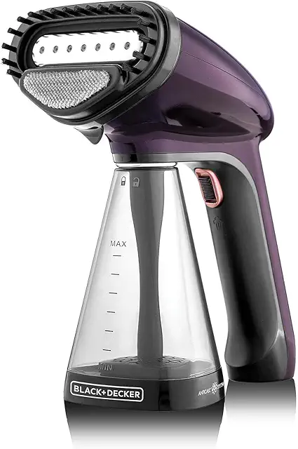 BLACK+DECKER Handheld Garment Steamer, 1500W, 21g/min Steam, 40s Fast Heat-Up, Universal Bottle Adaptor, 260ml Detachable Tank, Purple, HST1500-B5