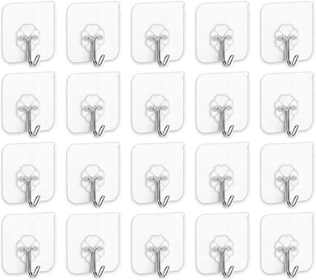 SKY-TOUCH SKY TOUCH 20 Pieces Each Pack Heavy Duty Adhesive Wall Hooks, Waterproof and Oil Proof Ideal for Kitchen and Bathroom, Transparent