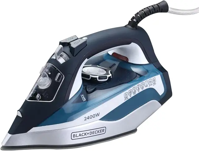 BLACK+DECKER Steam Iron, 2400W Power, 380ml Water Tank, Ceramic-Coated Soleplate, Anti-Drip, Anti-Calc, Auto Shutoff, Vertical, Self-Clean, Steam Burst, 35g/min Continuous, Blue - X2150-B5