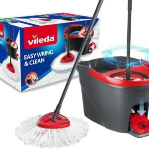 Vileda Easy Wring & Clean spin mop & bucket set with foot pedal | Vileda |3-Piece Handle 130 cm |Floor mop with spinning wringer | Turbo Refill 100% Microfibre mop head |