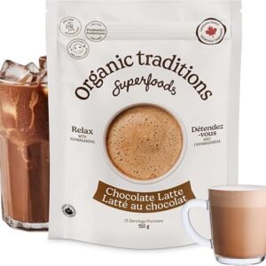 Organic Traditions Chocolate Latte with Ashwagandha and Probiotics | 150 g | Warming Spices | Instant Latte Mix | Non GMO | Dairy and Caffeine Free