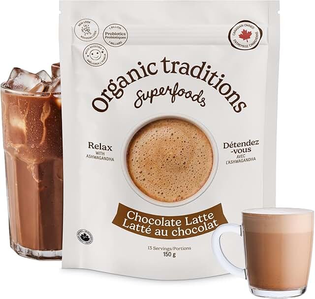 Organic Traditions Chocolate Latte with Ashwagandha and Probiotics | 150 g | Warming Spices | Instant Latte Mix | Non GMO | Dairy and Caffeine Free