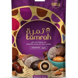 Tamrah Assorted Chocolate Caramel, Milk, Dark, and Coconut | Premium Pure Chocolates with Crunchy Almonds Stuffed Inside Succulent Dates, Perfect for Birthdays and Special Occasions – 600g Zipper Bag