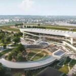 New York rebuilt Belmont Park for $555 million after closing it for three years; the new grandstand is one-fifth the old size, four tracks are new and year-round racing is coming for the first time